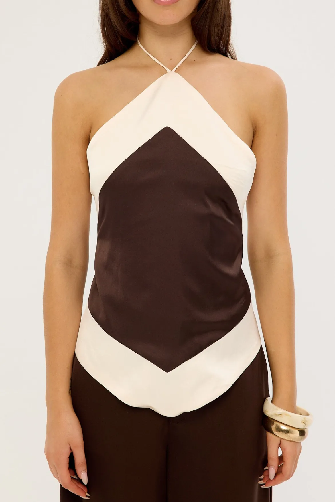 Rosa Satin Halter Tie Top Brown