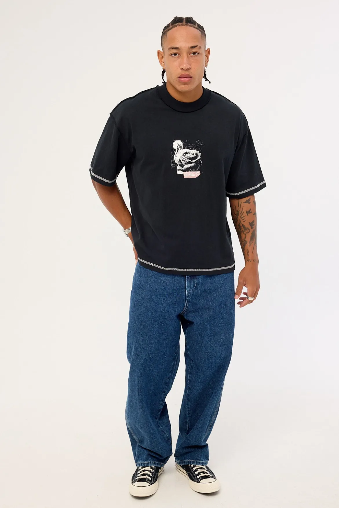 Rose Brigade Box Fit Oversize Cropped Tee Washed Black