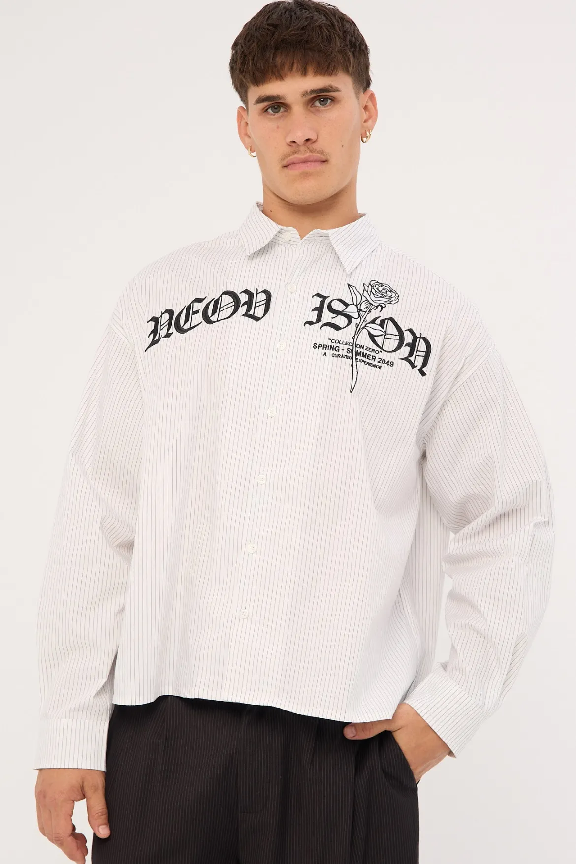 Rosebud Oversize Cropped Long Sleeve Shirt White/Black Stripe