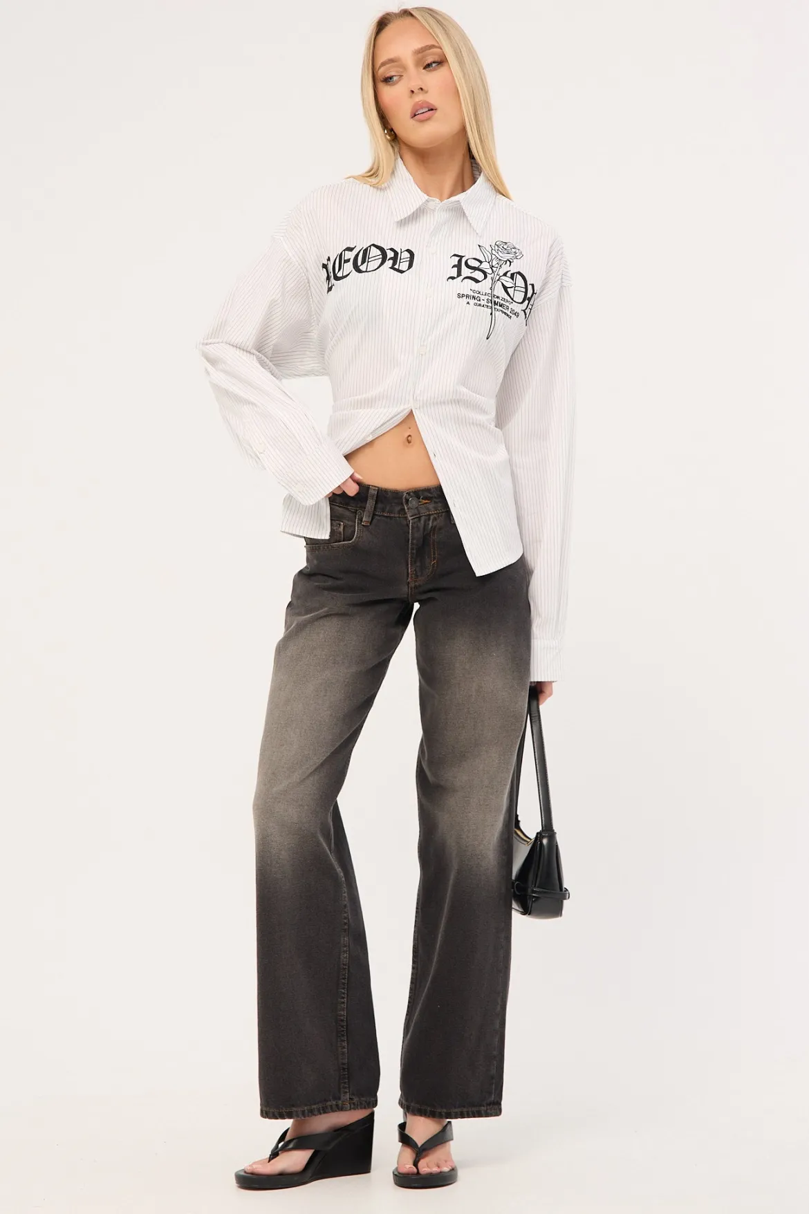 Rosebud Oversize Cropped Long Sleeve Shirt White/Black Stripe