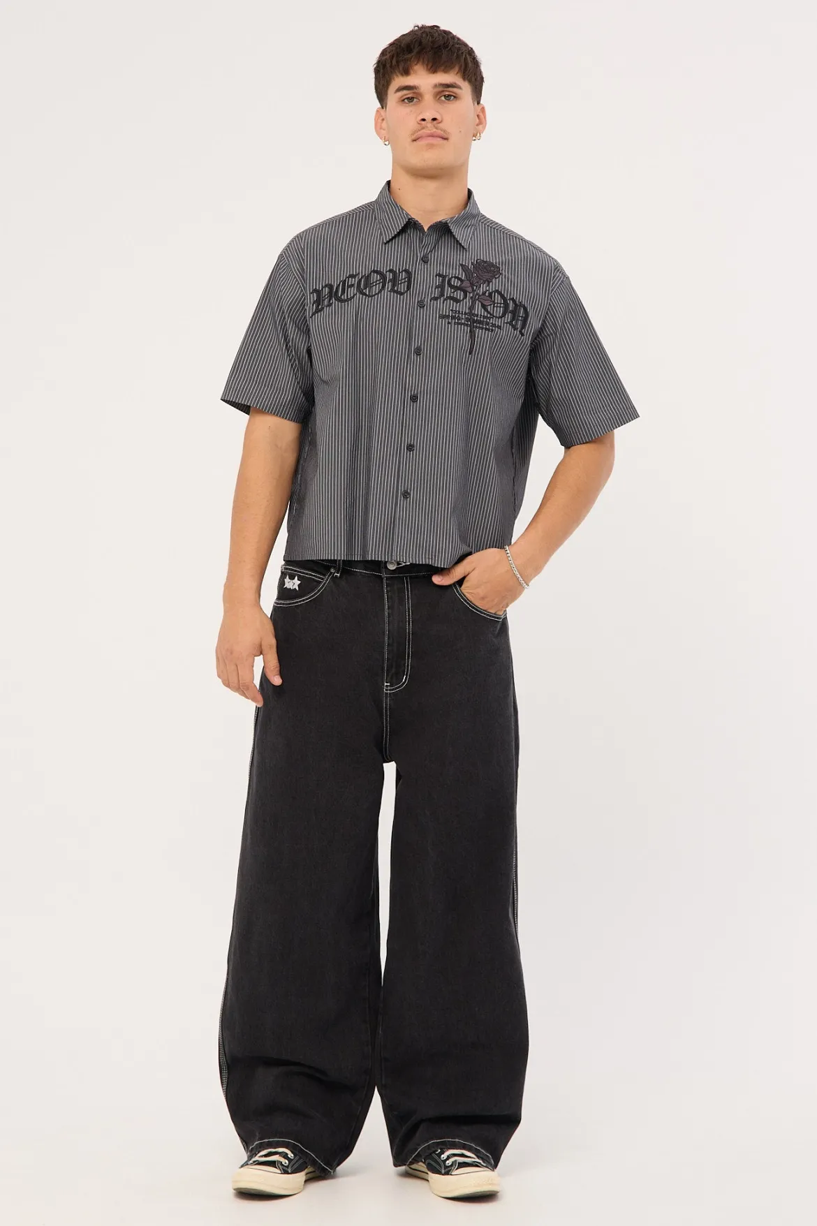 Rosebud Oversize Cropped Shirt Black/White Stripe