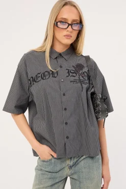 Rosebud Oversize Cropped Shirt Black/White Stripe