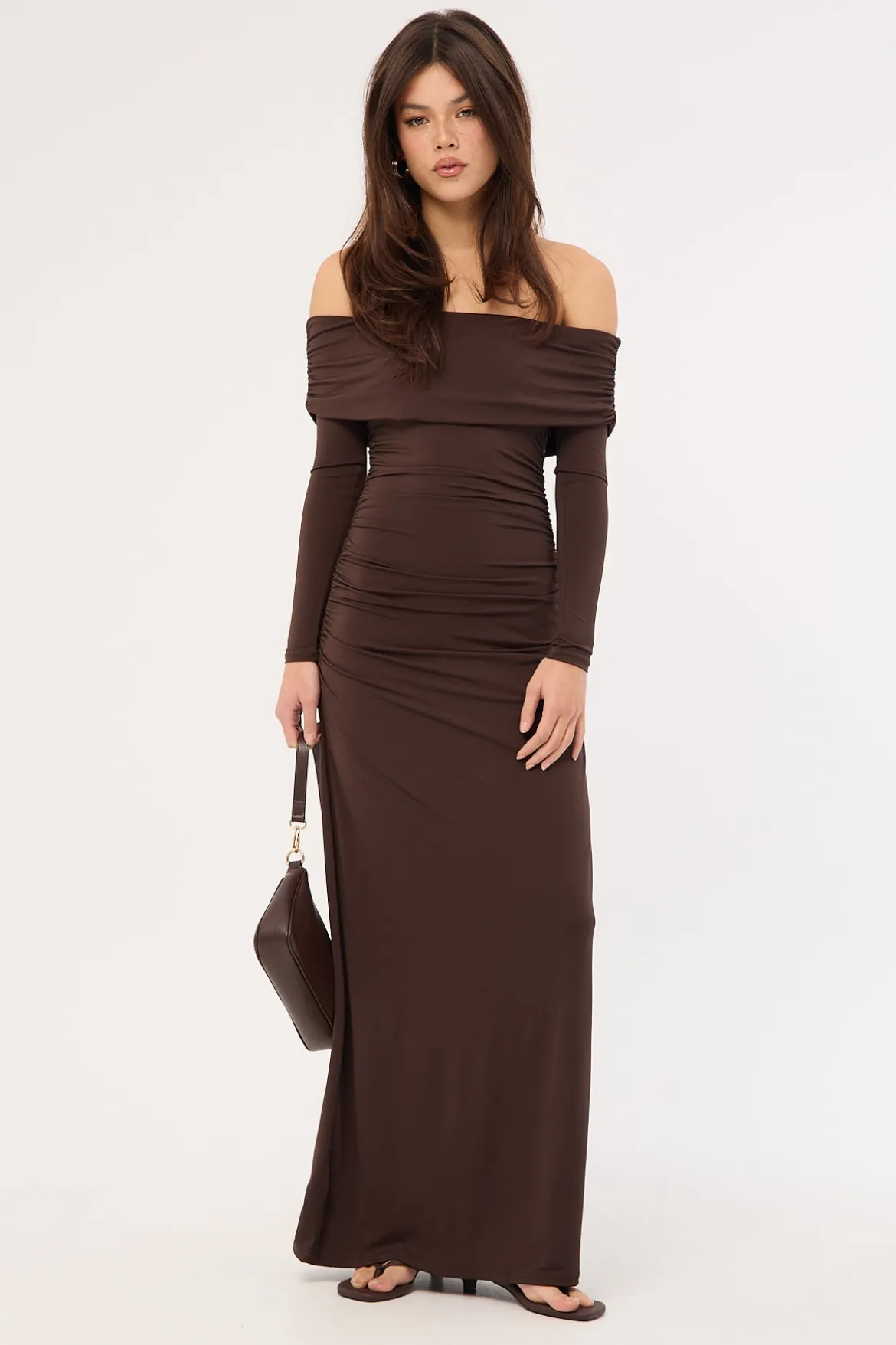 Rosetta Off Shoulder Long Sleeve Maxi Dress Ash Brown