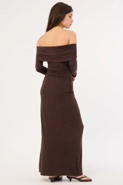 Rosetta Off Shoulder Long Sleeve Maxi Dress Ash Brown