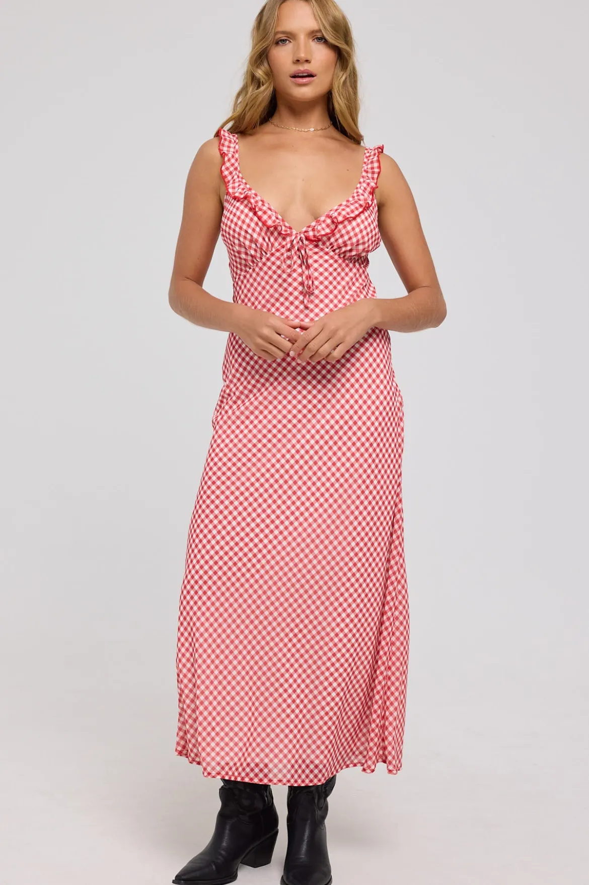 Ruby Frill Midi Dress Red Gingham