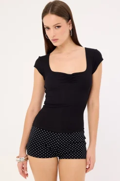 Ruched Cap Sleeve T-shirt Black