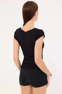 Ruched Cap Sleeve T-shirt Black