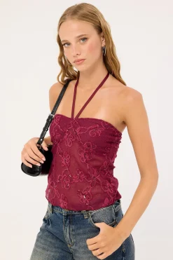 Ruwi Halter Top Sequin Knit Burgundy