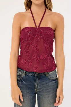 Ruwi Halter Top Sequin Knit Burgundy