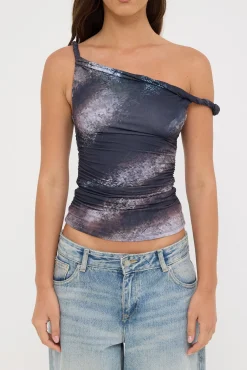 Sabina Twist Off Shoulder Top Black Print