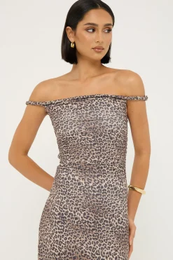 Sabine Twist Off Shoulder Midi Dress Leopard