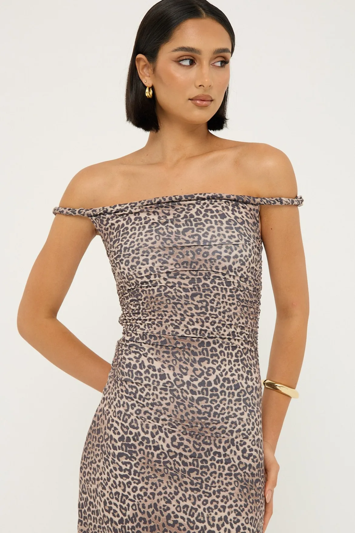 Sabine Twist Off Shoulder Midi Dress Leopard