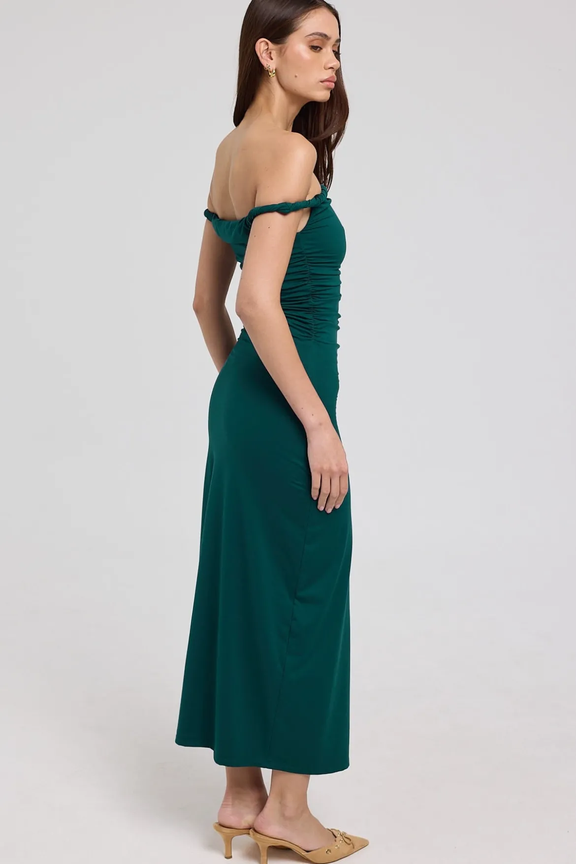 Sabine Twist Off Shoulder Jersey Midi Dress Forest Green