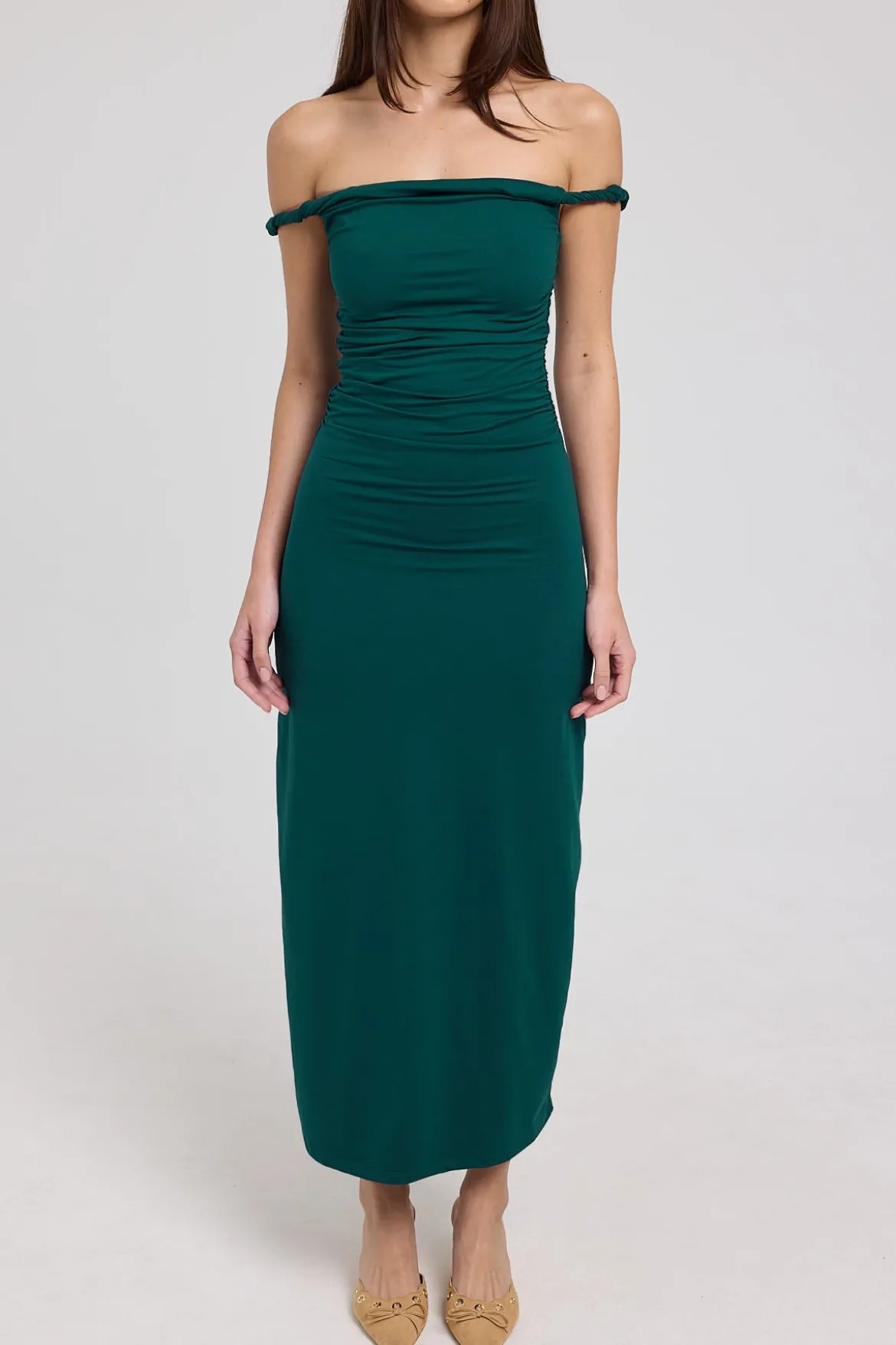 Sabine Twist Off Shoulder Jersey Midi Dress Forest Green