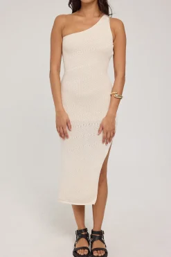 Sahara Diagonal Knit One Shoulder Midi Dress Nude