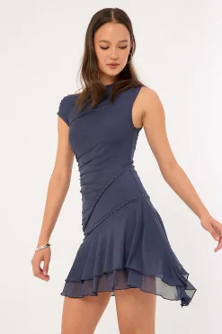 Sammy Off Shoulder Asymmetrical Mini Dress Slate