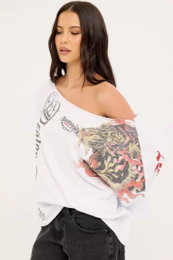 Savage Off Shoulder Relaxed Tee White