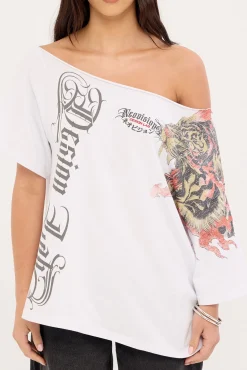 Savage Off Shoulder Relaxed Tee White