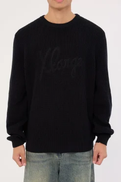 Script Waffle Knit Sweater Black