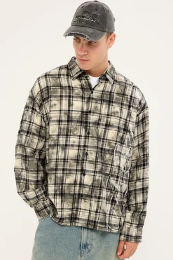 Scripture Oversized Long Sleeve Shirt Washed White/Black Flannel