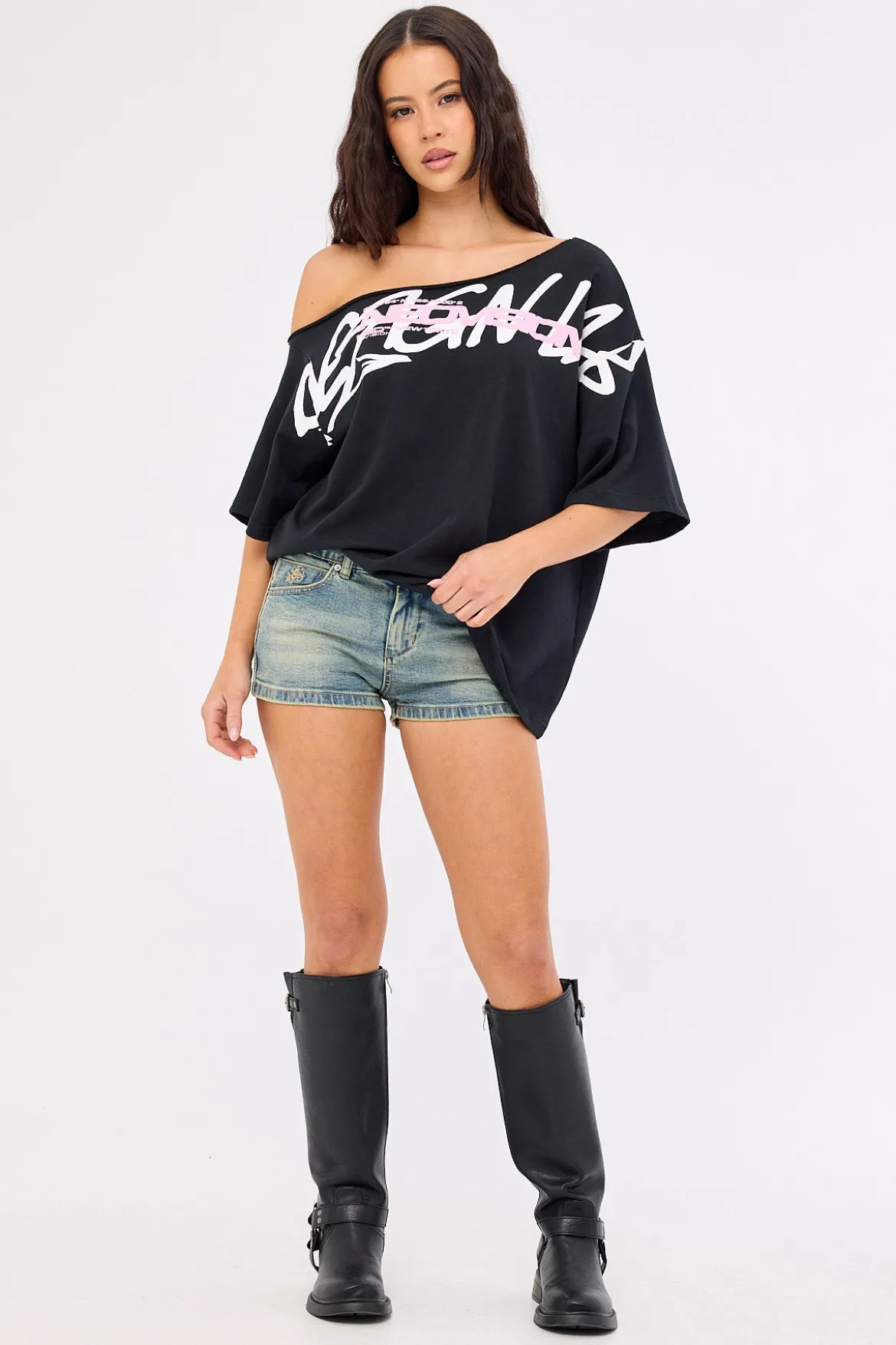 Shard Off Shoulder Relaxed Tee Black