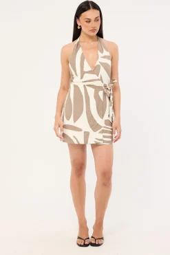 Shea Wrap Halter Mini Dress Taupe Print