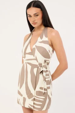 Shea Wrap Halter Mini Dress Taupe Print