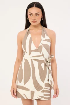 Shea Wrap Halter Mini Dress Taupe Print