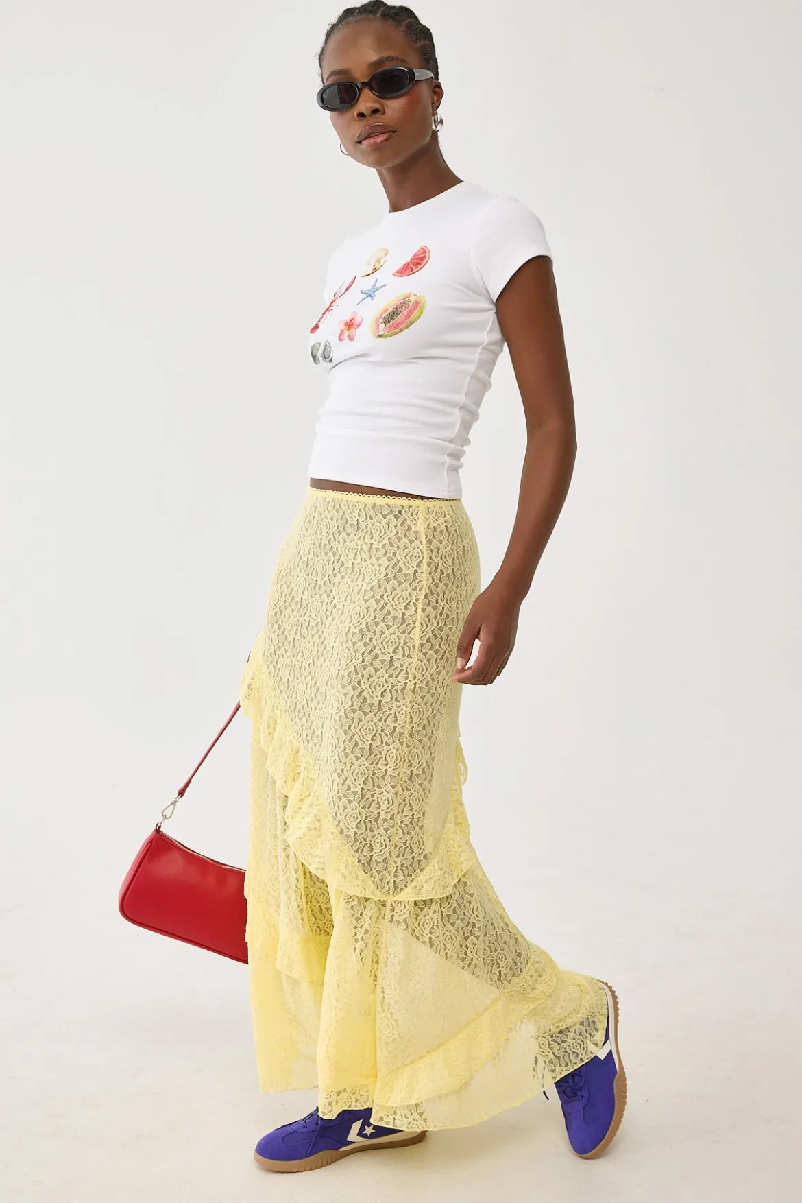 Sheer Lace Midi Skirt Yellow
