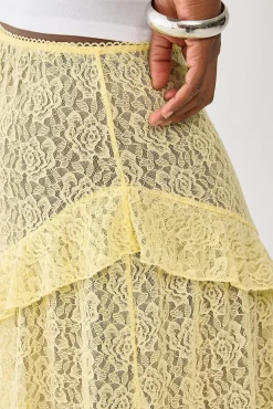 Sheer Lace Midi Skirt Yellow