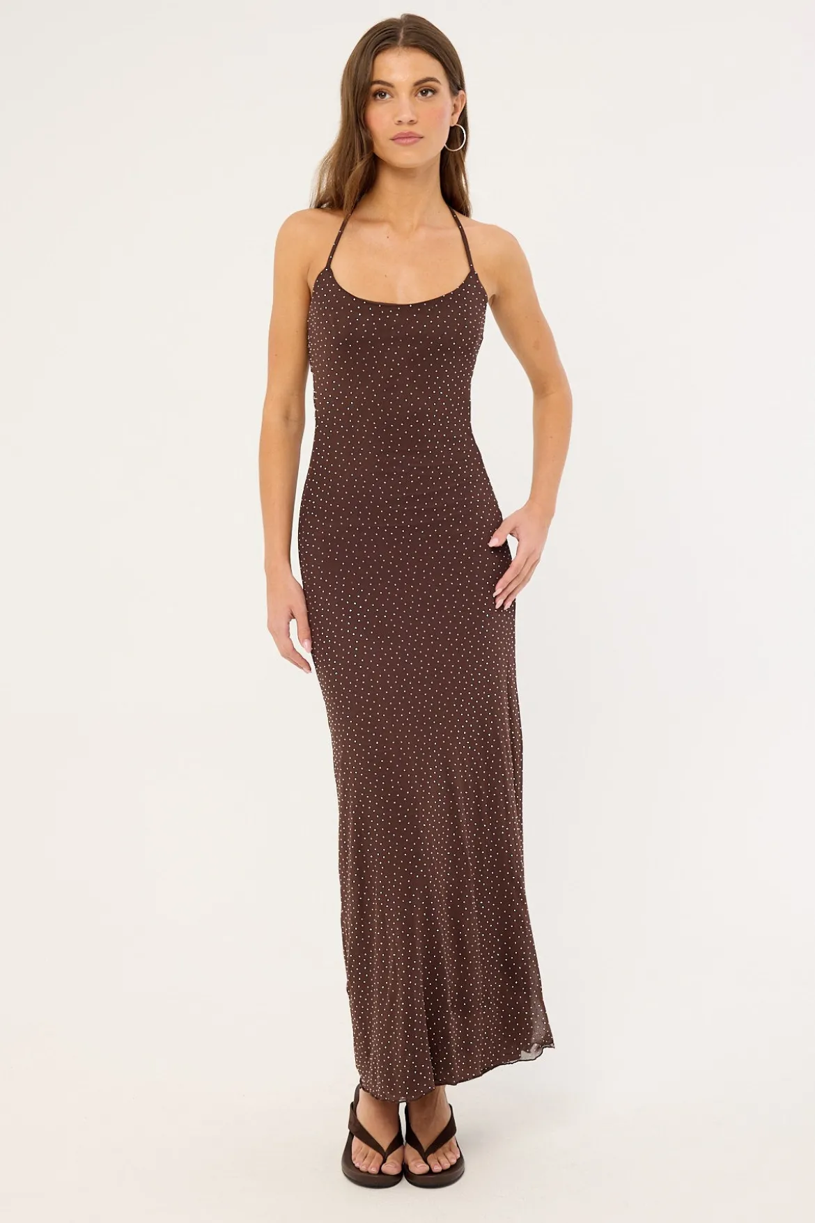 Shimmer Halter Glitter Maxi Dress Brown