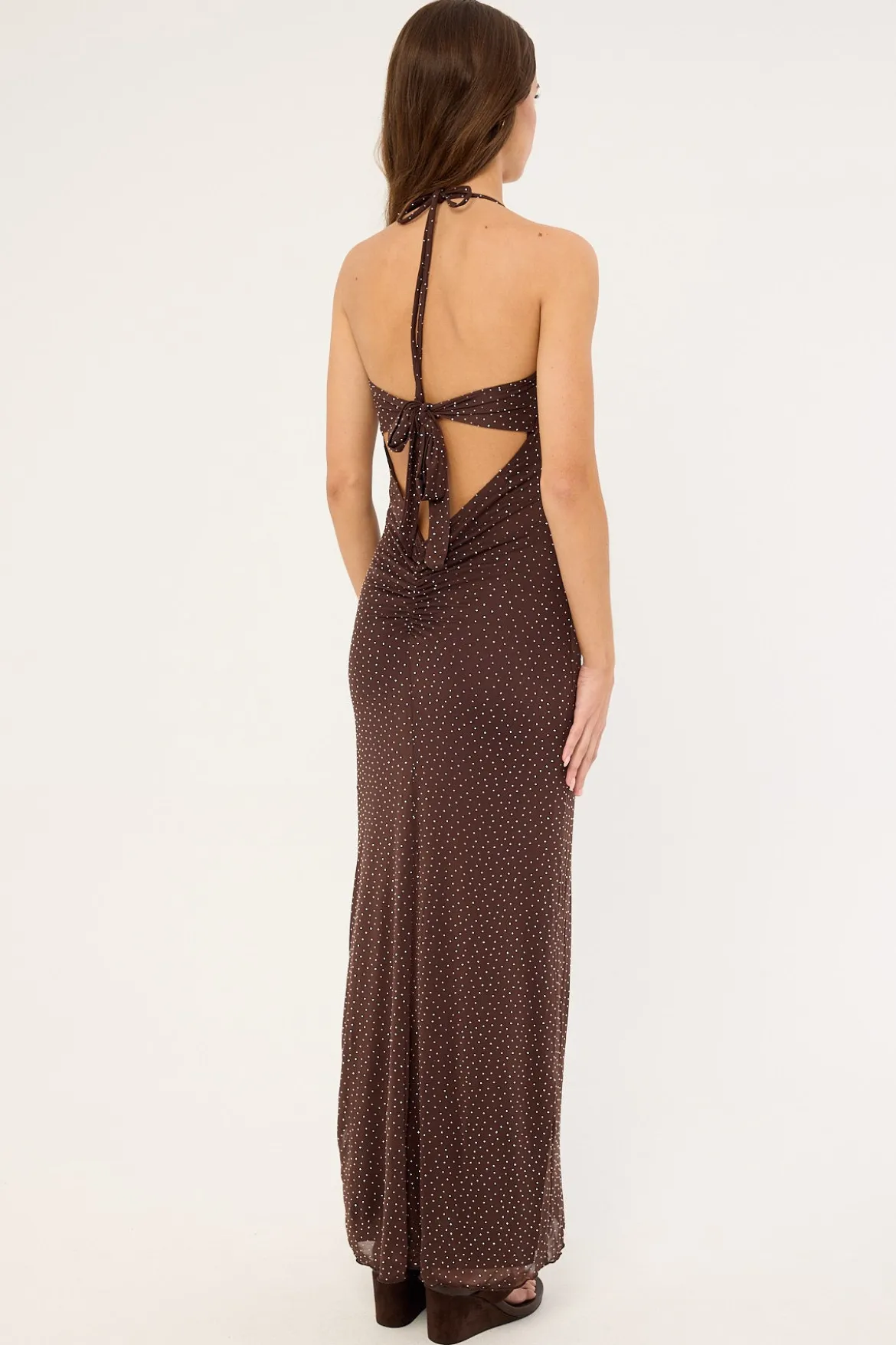 Shimmer Halter Glitter Maxi Dress Brown