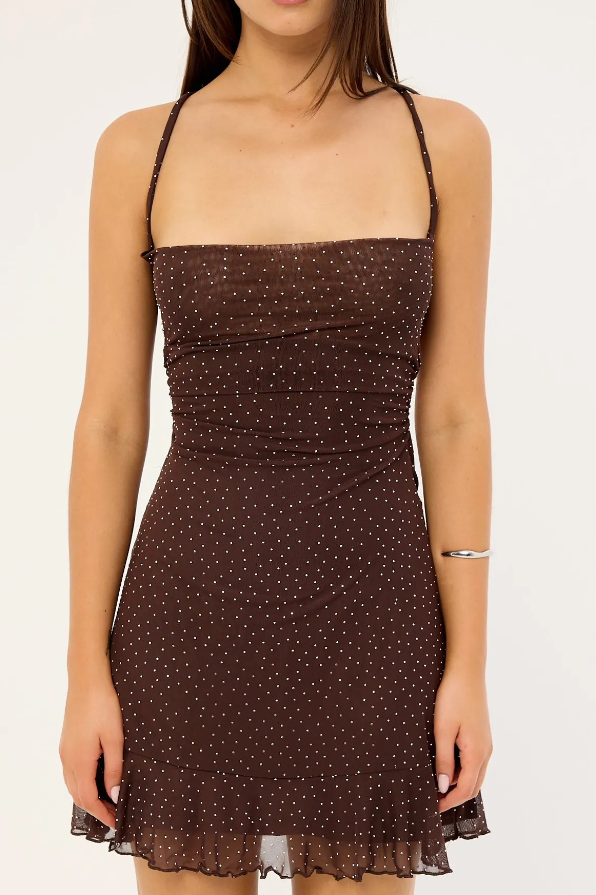 Shimmer Tie Back Mini Dress Dark Brown