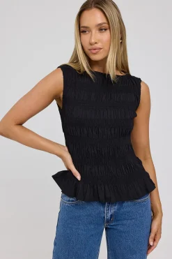 Shirred High Neck Top Black