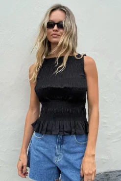Shirred High Neck Top Black