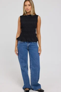 Shirred High Neck Top Black