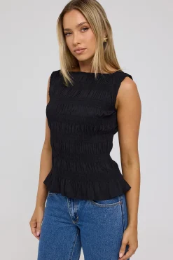 Shirred High Neck Top Black