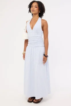 Skye Stripe Halter Maxi Dress Blue Stripe