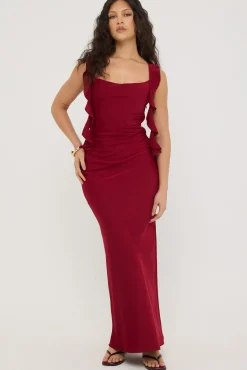 Slight Cowl Ruffle Maxi Dress Wine