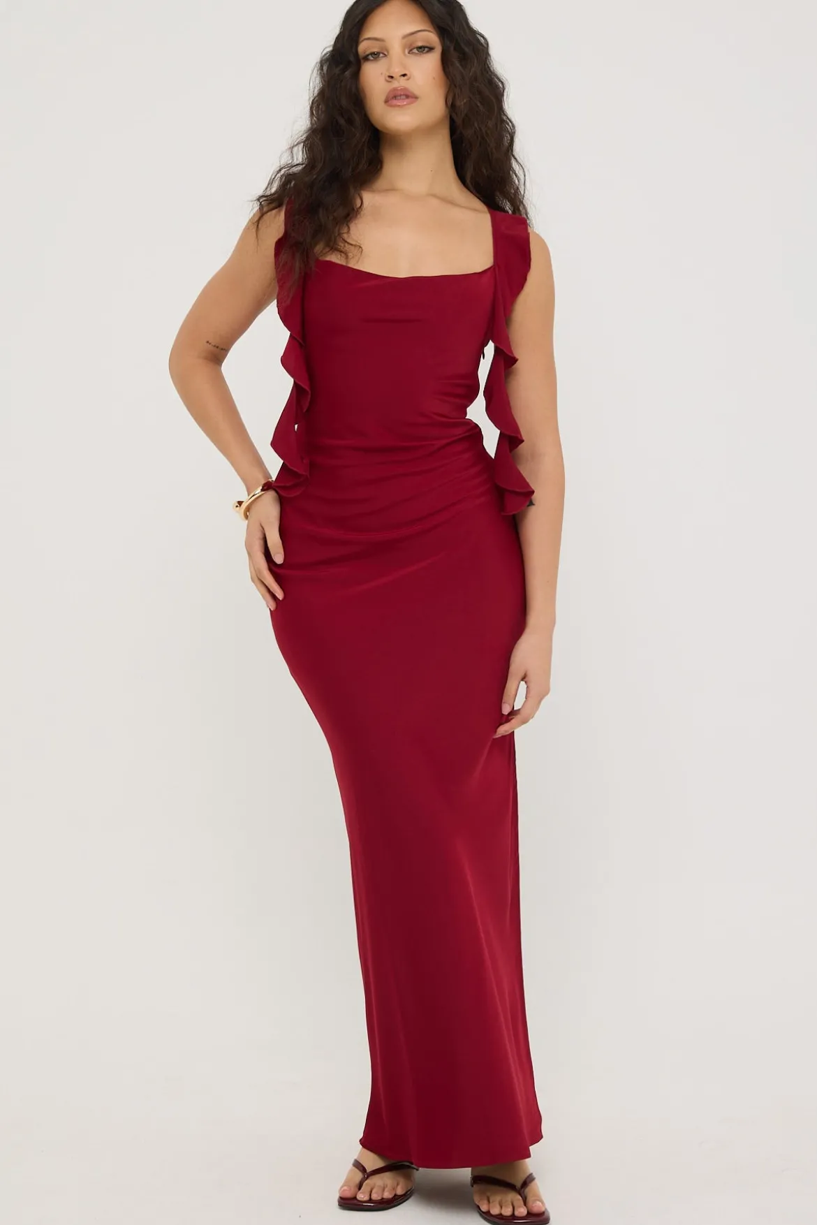 Slight Cowl Ruffle Maxi Dress Wine