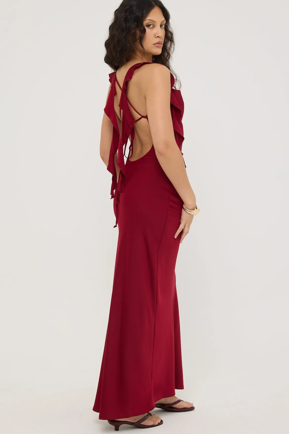Slight Cowl Ruffle Maxi Dress Wine