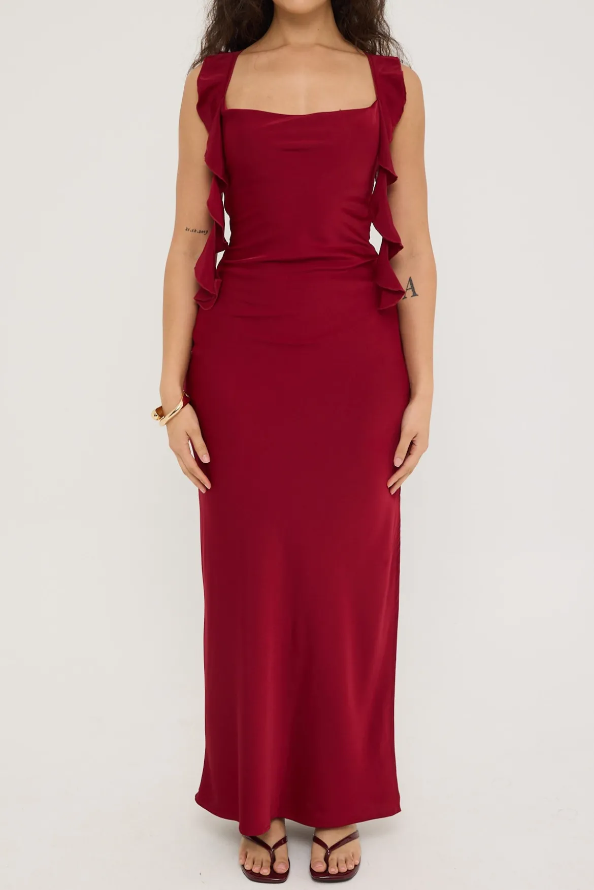 Slight Cowl Ruffle Maxi Dress Wine