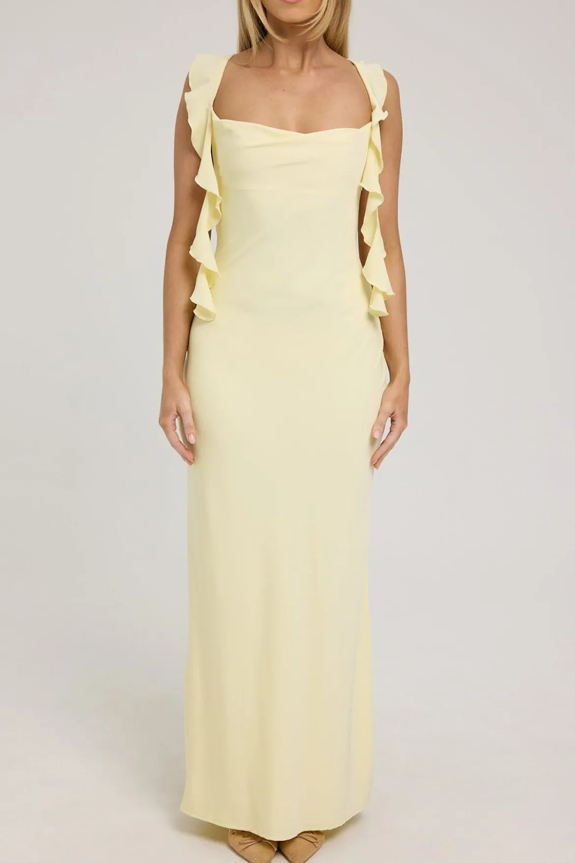 Slight Cowl Ruffle Maxi Dress Lemon