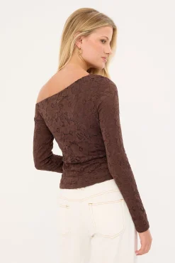 Solace Off Shoulder Long Sleeve Lace Top Brown