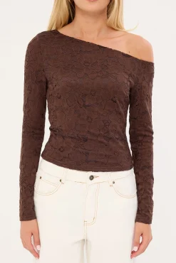 Solace Off Shoulder Long Sleeve Lace Top Brown