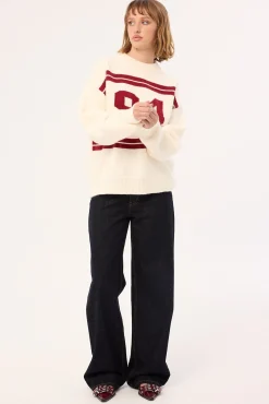 Sports Intarsia Knit Jumper Cream