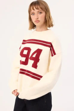 Sports Intarsia Knit Jumper Cream