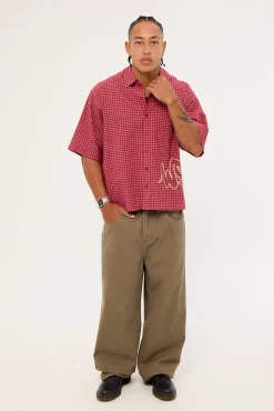 Spray Check Box Crop Shirt Puddle Burgundy