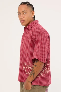 Spray Check Box Crop Shirt Puddle Burgundy