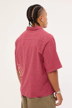 Spray Check Box Crop Shirt Puddle Burgundy